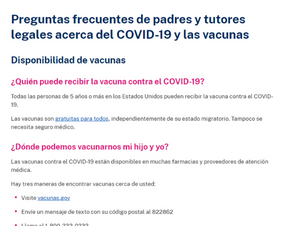 Preguntas frecuentes de padres y tutores legales acerca del COVID-19 y las vacunas