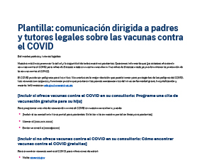 Plantilla: comunicación dirigida a padres y tutores legales sobre las vacunas contra el COVID