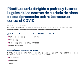 Plantilla: carta dirigida a padres y tutores legales de los centros de cuidado de niños de edad preescolar sobre las vacunas contra el COVID
